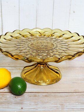 Amber Glass Cake Stand 10" Anchor Hocking Fairfield Yellow Vintage Footed Plate